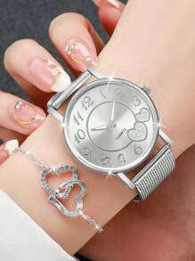 女士塑料网状表带时尚简约数字心形表盘石英腕表 + 珠宝套装（6 件/套）作为返校学生的礼物 - 銀色 - 查看 3