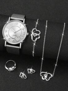女士塑料网状表带时尚简约数字心形表盘石英腕表 + 珠宝套装（6 件/套）作为返校学生的礼物 - 銀色 - 查看 2