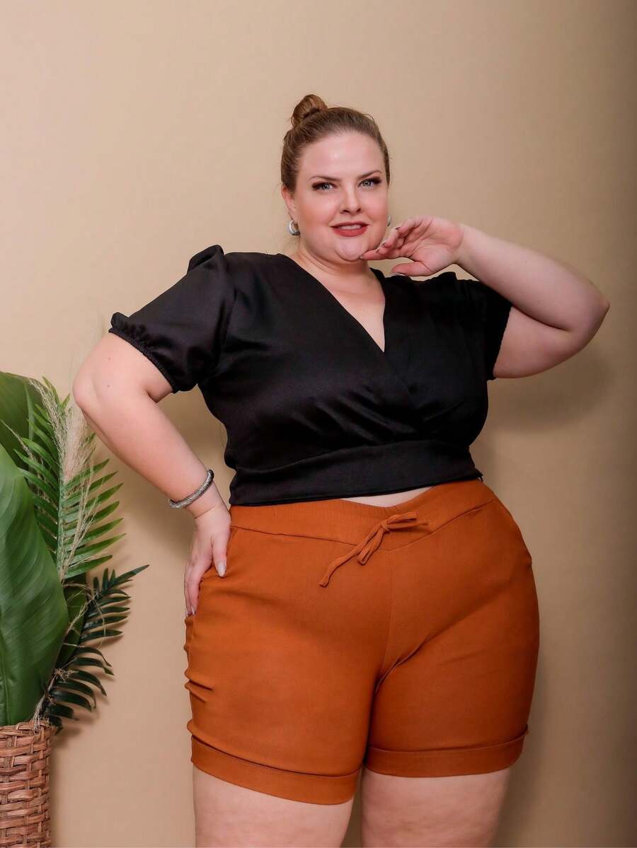 Plus Size Shorts - 駝色 - 查看 1