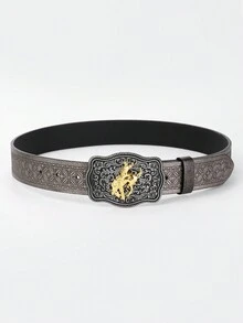 1pc Men's Casual Western Style Embossed & Colorful Flower Patterned Buckle Strap Belt, Lucky Wealth Sign - Champagne - View 2