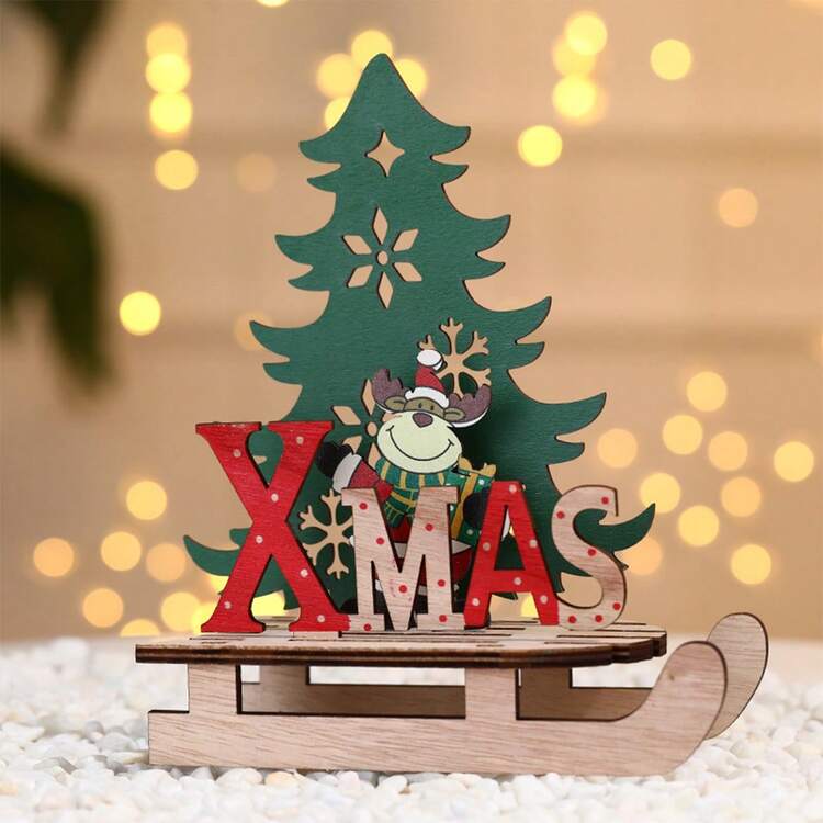 Decoración Navideña Artesanía De Juguete Trineo De Madera De Bricolaje Pintado A Mano Creativo Con Dibujos Animados, 1 Conjunto - A - Añade 4