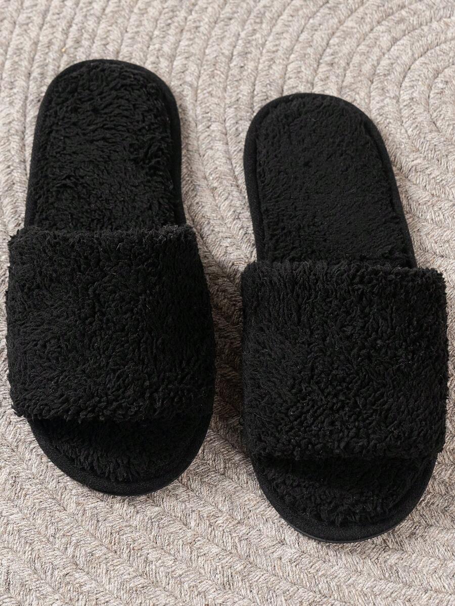 男士室内拖鞋，情侣拖鞋，静音防滑拖鞋，新款秋冬加厚绒面家居拖鞋 - 黑色 - 查看 1