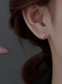 1pair Elegant & Simple Interwoven Small Heart Shaped Stud Earrings Valentines - Antique Silver - View 5