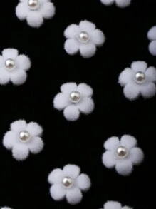 10 件装白色毛绒花 3D 美甲配件 DIY Y2K 白色珍珠圆形迷你平底植绒发圈哥特冬季小雪花毛绒花瓣宫廷女士艺术美甲配件