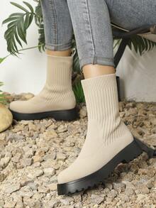 2023 年冬季时尚杏色针织面料女式粗跟/低跟弹力中筒靴 - 杏色 - 查看 1