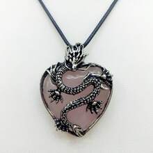 1個古董風格的天然石頭龍形吊墜項鍊,男女適用,心形晶、粉水晶靈氣療法水晶鑽飾品