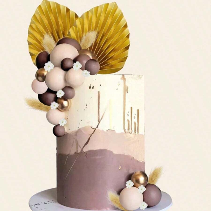 2pcs Matte Gold Birthday Baking Leaf & Fan Shaped Cake Decoration Picks - Gold - View 1