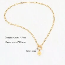 1pc Stainless Steel Water Droplet Shape Initial Pendant Toggle Clasps Paperclip Chain Necklace For Women - Yellow Gold - View 2