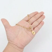 1pc Stainless Steel Water Droplet Shape Initial Pendant Toggle Clasps Paperclip Chain Necklace For Women - Yellow Gold - View 3