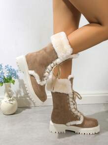 Women's Winter Warm Anti-slip Lace-up Mid-calf Snow Boots With Plush Lining, Outdoor Sports Shoes (khaki)