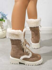 Women's Winter Warm Anti-slip Lace-up Mid-calf Snow Boots With Plush Lining, Outdoor Sports Shoes (khaki)