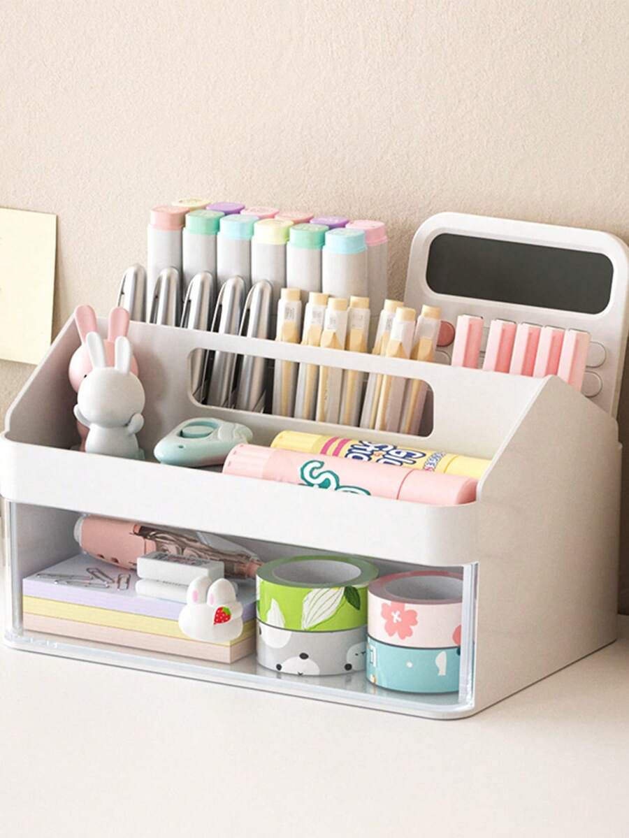 1 件多功能卡通兔子桌面收納盒附抽屜文具化妝品手提筆筒盒 - 白色 - 查看 1