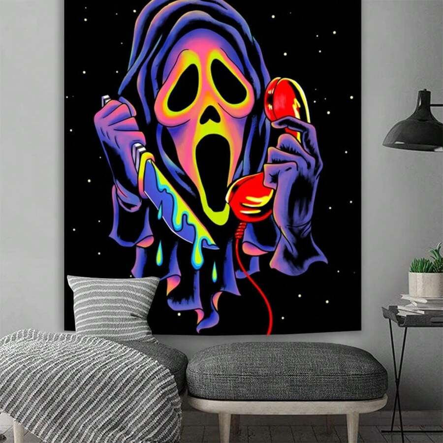 Blacklight Horror Face Tapestry, UV Reactive Tapestry Wall Hanging