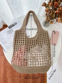 Túi đeo vai đan móc ENBEI dành cho nữ, kiểu dáng cổ điển, dệt rỗng, dung tích lớn, trang trí hoa văn, túi đan móc, hoàn hảo cho đi biển, du lịch, mua sắm và kỳ nghỉ, phụ kiện đi biển lý tưởng cho phụ nữ. - Màu Khaki - Xem 8