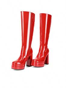 Women's Platform Heeled Knee High Boots, Long Chunky Tall Gogo Boots For Fall - 紅色 - 查看 7