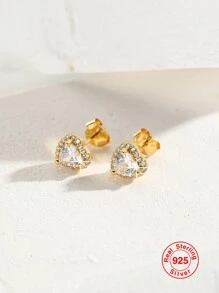 1pc 925 Sterling Silver Fully Paved Heart-Shaped & Round Hollow Stud Earrings, Fashionable Luxury Versatile Jewelry Gift For Women - Gold - View 3