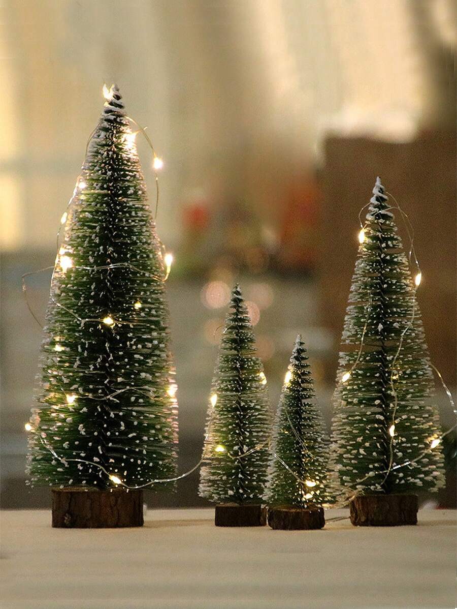 1 pc Mini Christmas Trees, Artificial Christmas Tree Bottle Brush Trees,Sisal Snow Trees with Wooden Base for Christmas Decor Christmas Party Home Table Craft Decorations - Green - View 1