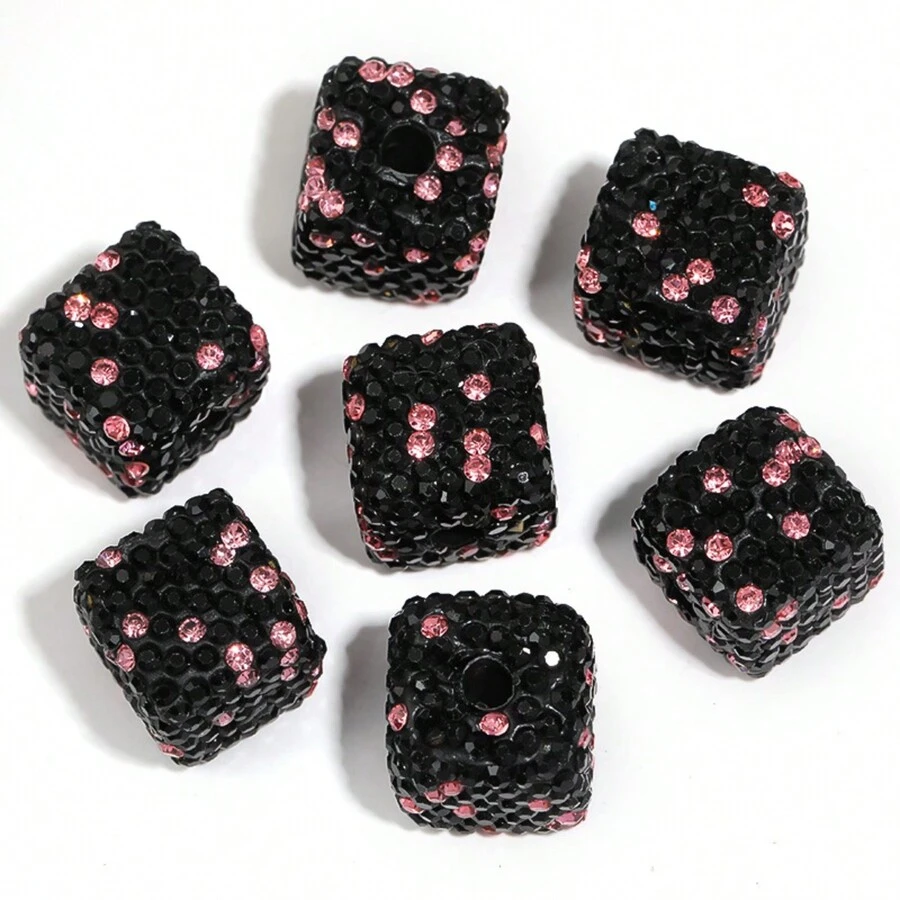 5pcs/set 15mm Rhinestone Inlaid Starry Sky Geometric Cube Ceramic Bead For Diy Handmade Jewelry Making Accessories - Multicolor - View 1