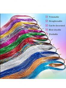 1pc Red Hair Tinsel Strands Long Straight Hair Extensions Party Highlight Hair Pieces Sparkling Shiny Hair Extensions - Red - View 6