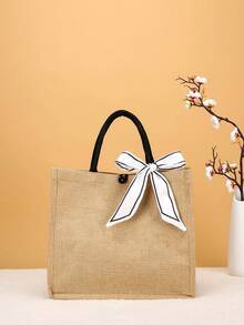 Solid Color Minimalist Linen Tote Bag For Travel And Vacation - Khaki - View 2