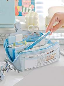 1pc Japanese Style Large Prism Pen Case, Simple & Roomy Multi-layer Transparent Pencil Pouch Resistant To Dirt - Pink - View 2