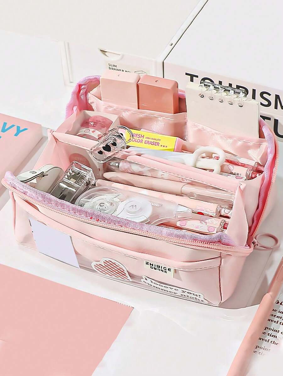 1pc Japanese Style Large Prism Pen Case, Simple & Roomy Multi-layer Transparent Pencil Pouch Resistant To Dirt - Pink - View 1