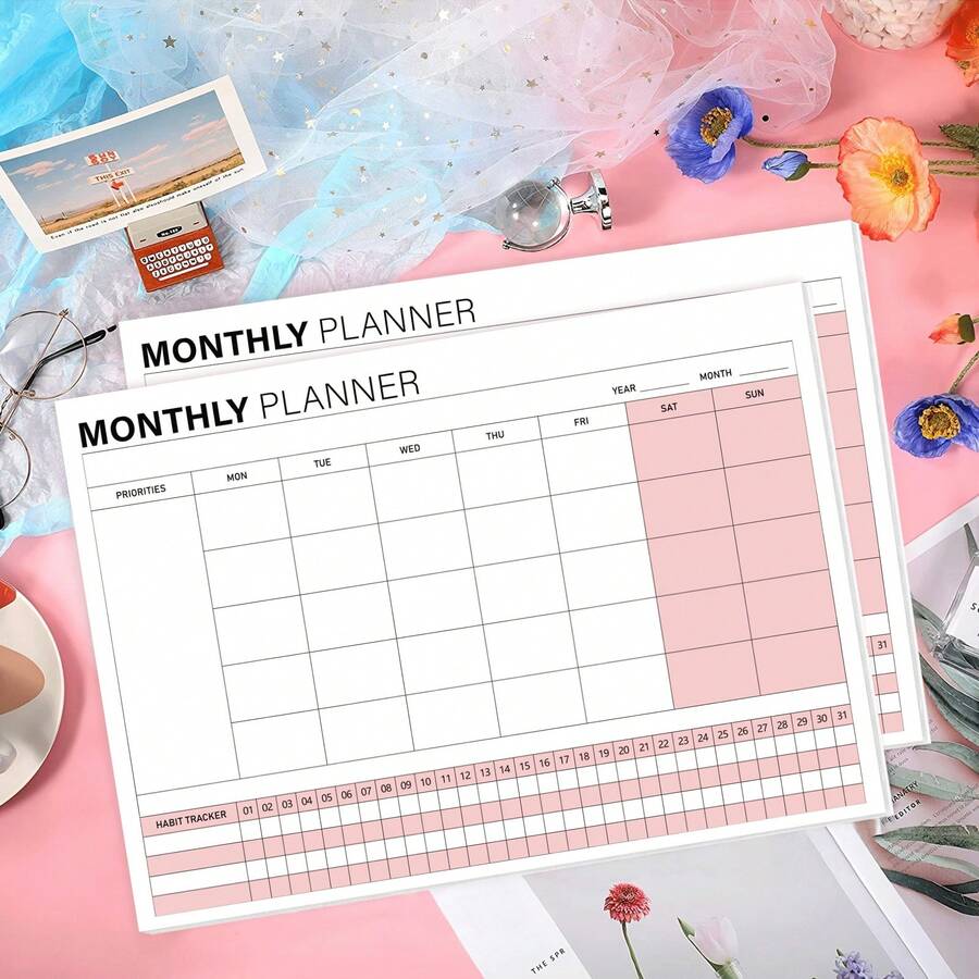 Trees Monthly Calendar Planner Undated Large Undated Desk Pad For Organizing And Scheduling Tasks, Productivity Tracker, Goals And To Do List, 11"X8.5" - Pink - View 1
