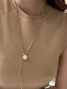 1pc Simple Titanium Steel Faux Pearl & Snake Chain Pendant Necklace