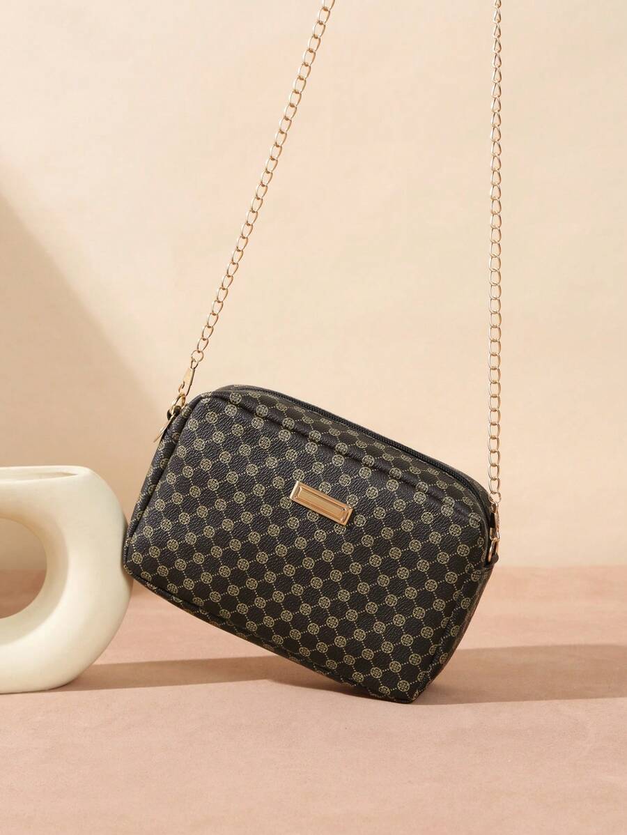 1 Pieza De Bolso De Hombro Para Mujer De Patrón De Trébol De Cuatro Hojas Estilo Vintage, Con Cadena - Café integral - Ver 1
