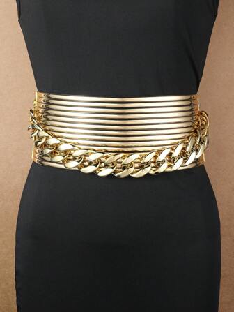 1條誇張的彈性pu皮革腰帶帶有ccb裝飾寬腰鏈,波西米亞風格適用於假期,派對,婚禮等場合