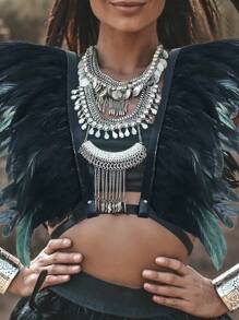 1Pc Gothic Feather Shawl Rooster Feather Scarf Faux Feather Collar Feather Accessory Boho Halloween - Black - View 3