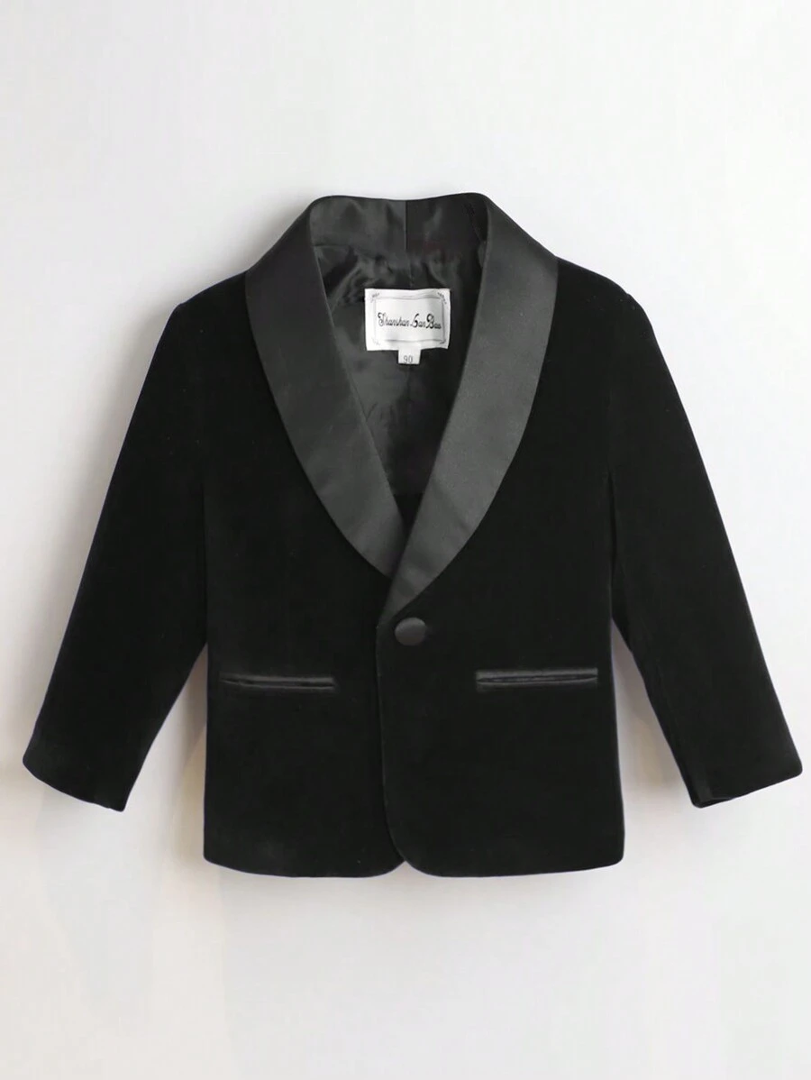 春季款單排扣立領紫絨夾克，男孩穿著帶扣袖口 - 黑色 - 查看 1