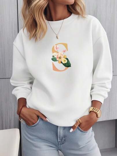 Flower Letter Printed-S Casual Round Neck Sweatshirt, Fashionable Home Clothes Women's Top, Women's Clothing