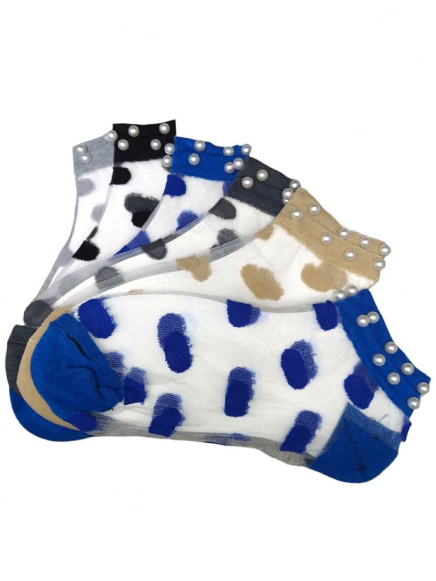 6 Pares de Calcetines Con Perlas Transparentes de Tiernos y Bonitos Estampados - Azul - Ver 1