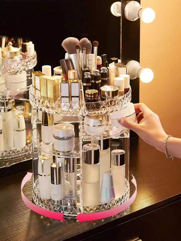 360° Rotating Rhinestone Texture Makeup Organizer Box, Acrylic Desktop Cosmetic Storage Rack For Lipstick, Skincare, Perfume, Vanity Table Bathroom Counter Storage, For Holiday Beach, Bathroom Collection, Bedroom Collection, Large Capacity