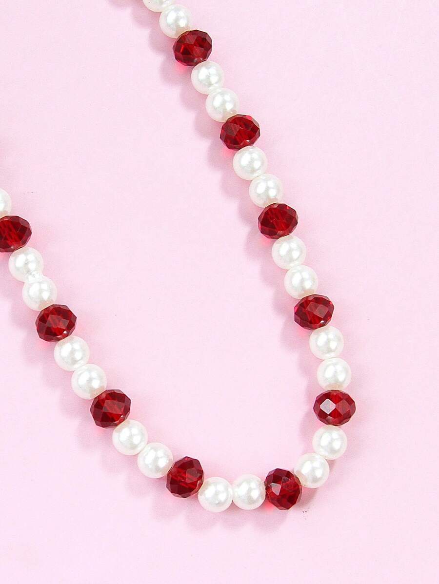 1條優雅高貴風格的女士亞克力紅寶石白珍珠串珠項鍊,適用於派對和婚禮 - 彩色 - 查看 1