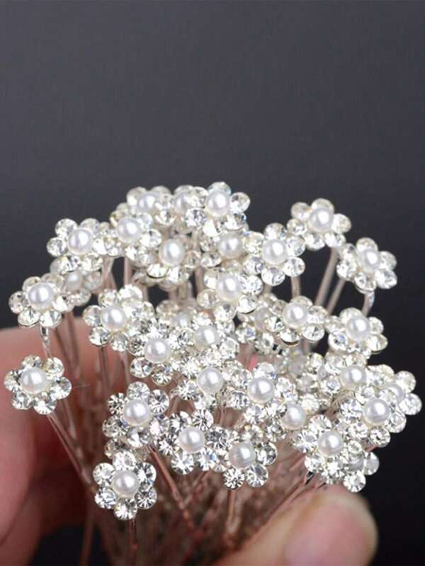 20pcs Women's Rhinestone-Studded Faux Pearl Flower U-Shaped Hairpin, Suitable For Weddings, Bride, Dance Party And Other Occasions Elegant Hair Bun Hair Bun Maker Bun Hair Piece Hair Styling Pins