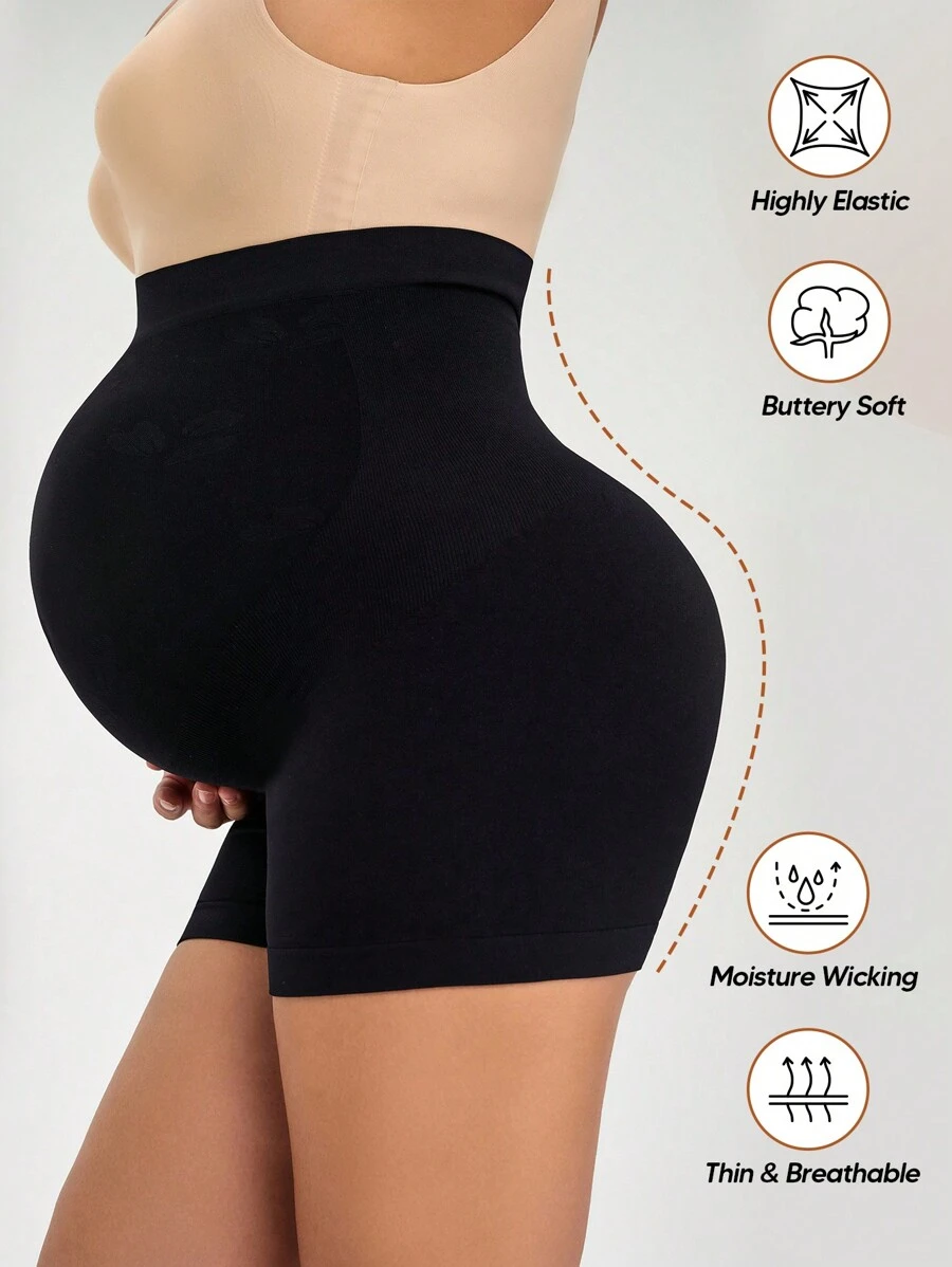 Shorts de maternidad de cintura alta con panel de soporte ajustable para el vientre, previene el roce entre los muslos - Negro - Ver 1