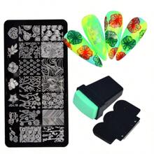美甲工具組 - 花、葉、花卉、線條圖案列印模板附鋼板和壓模(2 件/套) - 綠色 - 查看 1