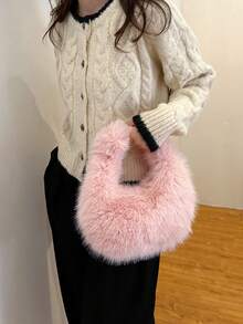 1pc Solid Color Plush Women's Handbag - Pink - View 2