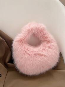 1pc Solid Color Plush Women's Handbag - Pink - View 4