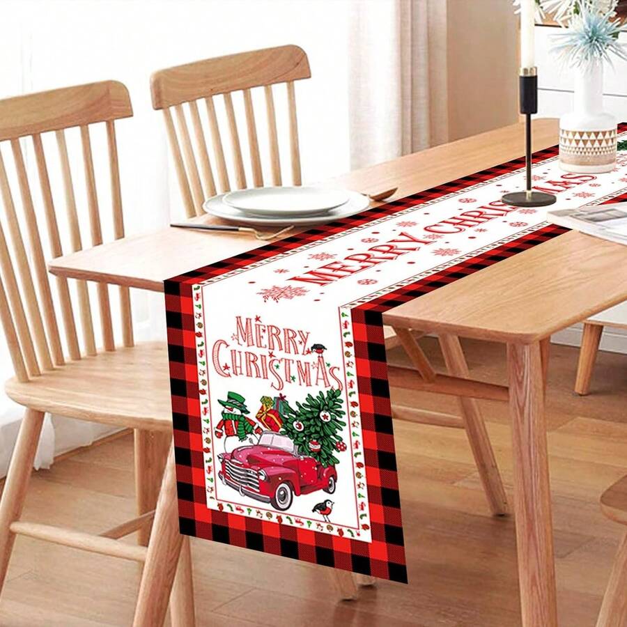 1pc亞麻紅黑格子聖誕老人桌旗,聖誕和冬季節日餐桌裝飾,非常適合室內家庭派對裝飾