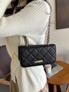 Texture Diamond Pattern Crossbody Bag, Casual Square Shoulder Bag With Embroidered Thread And Alphabet Tag Decoration - Black - View 2