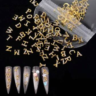 26 piezas/paquete Adornos para uñas de aleación con diamantes de imitación con letras del alfabeto inglés, accesorios de decoración para uñas de arte de bricolaje, gemas de uñas, suministros para uñas decoración uñas