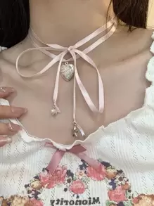 1 Pieza Collar De Colgante De Dama De Amor Con Cinta Rosa Empilada Retro De Moda Harajuku Dulce Y2k, Joyería De Regalo