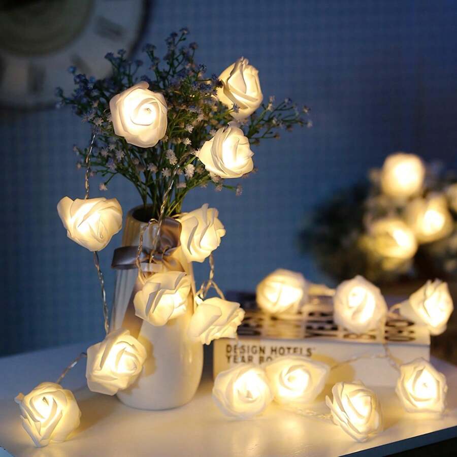 9.84ft 20 Rose ,Flower String, Holiday Lights Indoor For Christmas Bedroom Wedding Valentines Day Decorations,Christmas Garland Pinecones Red Berry Garland Garland For Mantle Fireplace Table Indoor Outdoor Garland Decor Party Birthday,Valentine'S Day,Mother'S Day Gift - 乳白 - 查看 1