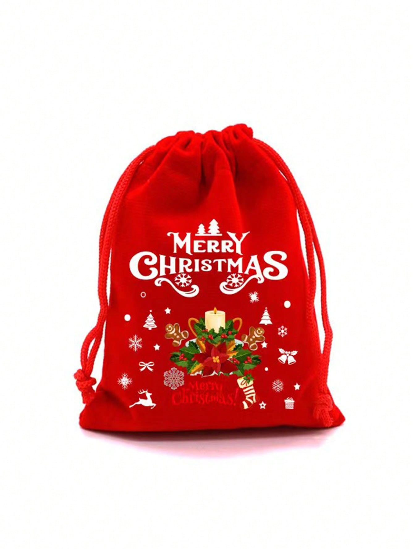 1set/10pcs New Red Velvet Gift Bag Set With Drawstring, Christmas