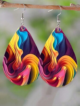 1 Pair Double Sided Rainbow Print Water Drop Wooden Hook Earrings For Women