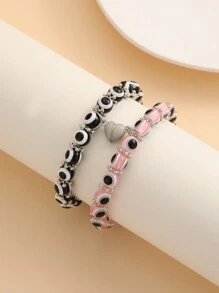 2pcs/Set Couple's Dark Growing Demon Eye & Heart Beaded Bracelet, Suitable For Couples And Valentine's Day Gift - Multicolor - View 6