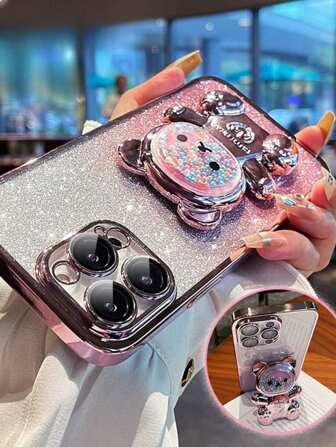 Apple 1pc 3d Cartoon Bear Holder Glitter Card Plating Phone Case Compatible With IPhone15promax 14promax/13/12/11 Kawaii